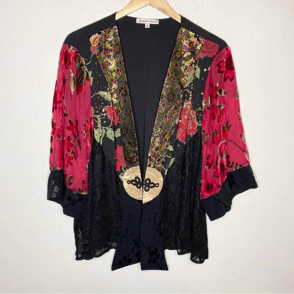 Spencer Alexis Red Black Floral Sheer Sleeve Velvet Detail Kimono Lace Size 2X - Picture 1 of 13